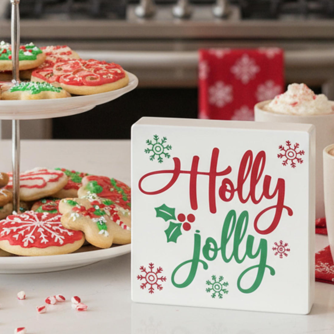 Holly Jolly Christmas sign on kitchen counter with cookies and hot cocoa – holiday decor, made in USA