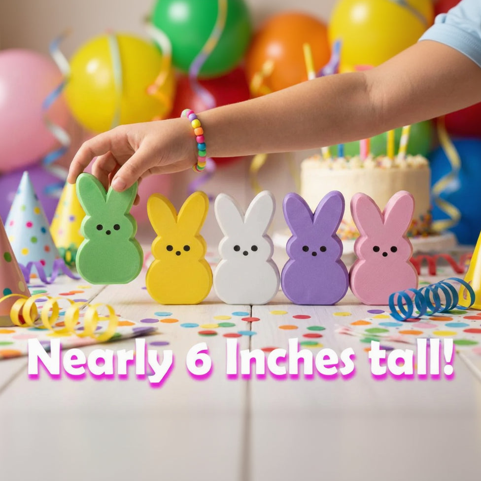 Peeps-inspired Easter bunny shelf sitter in colorful display – spring home decor, made in USA