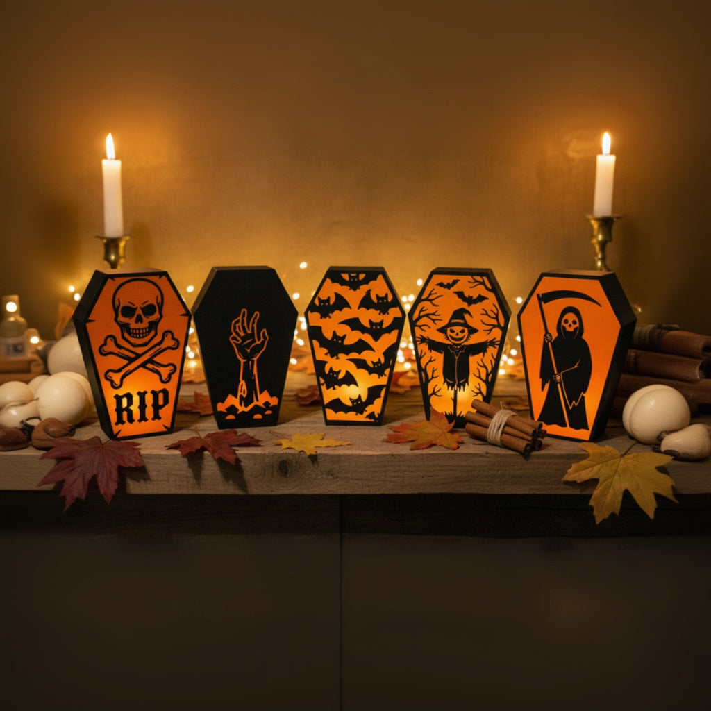 Gothic coffin tea light holders on wooden table with candles and pumpkins – Halloween decor, made in USA