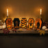 Gothic coffin tea light holders on wooden table with candles and pumpkins – Halloween decor, made in USA