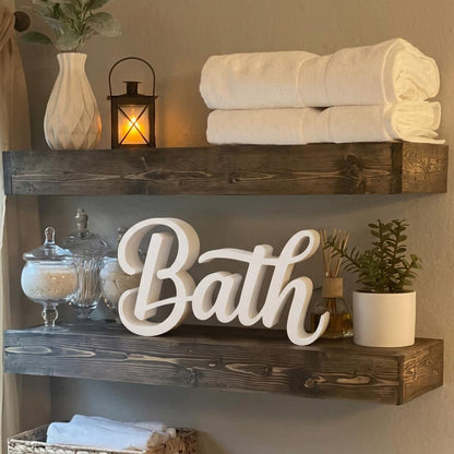 Bath sign on bathroom shelves with towels and lantern – farmhouse decor, made in USA