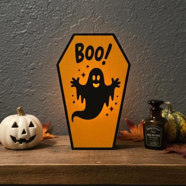 Ghost coffin tea light holder with BOO text on Halloween shelf display – made in USA