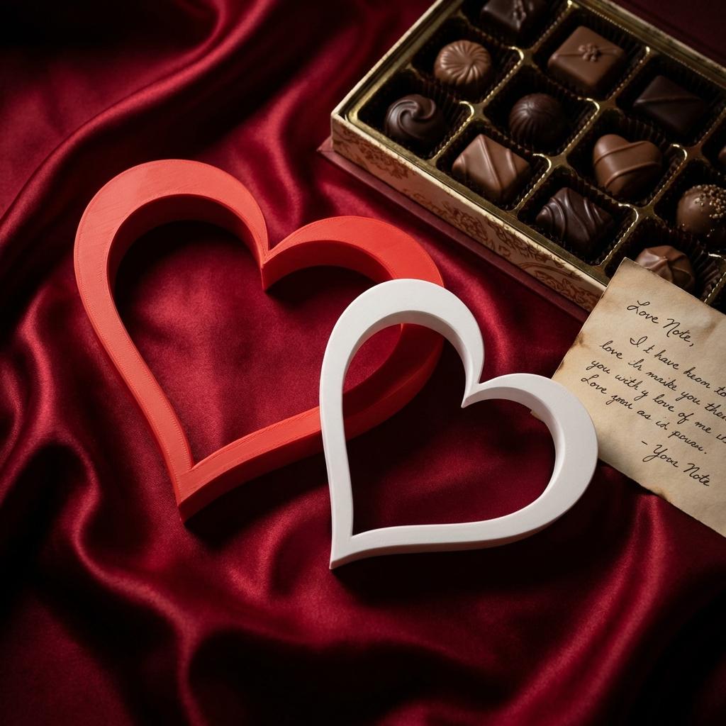 Two heart shelf sitters on red velvet with chocolates – Valentine&