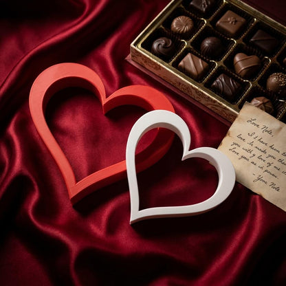 Two heart shelf sitters on red velvet with chocolates – Valentine&