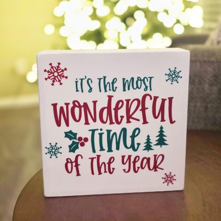 Most Wonderful Time of Year Christmas sign with snowflake detail – tiered tray decor, made in USA