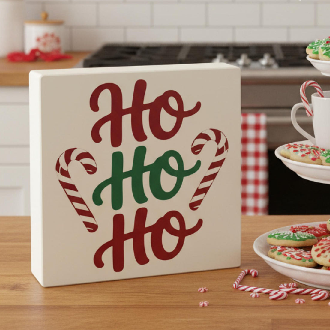 Ho Ho Ho Christmas sign with candy canes on kitchen counter – holiday shelf decor, made in USA