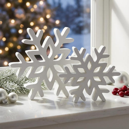 White snowflake shelf sitters on windowsill with Christmas decor – winter home decor, made in USA
