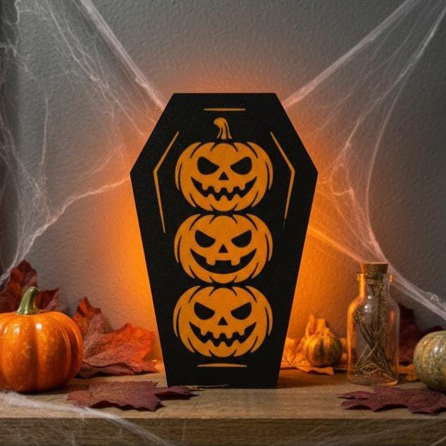 Jack-o-lantern gothic coffin tea light holder with spider webs – Halloween decor, made in USA