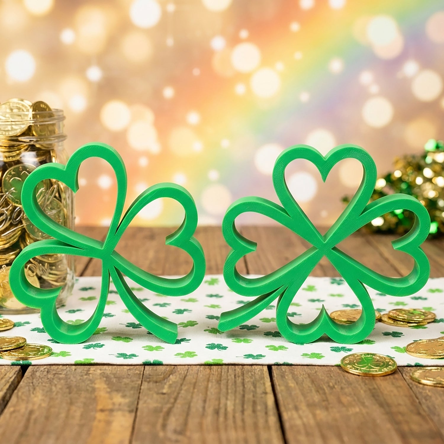 Green shamrock shelf sitter on wooden surface – St. Patrick&