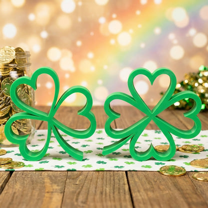 Green shamrock shelf sitter on wooden surface – St. Patrick&