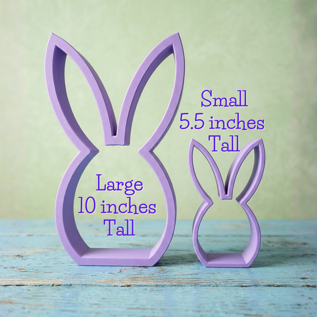 Easter bunny shelf sitter set size comparison – small and large purple bunnies, made in USA