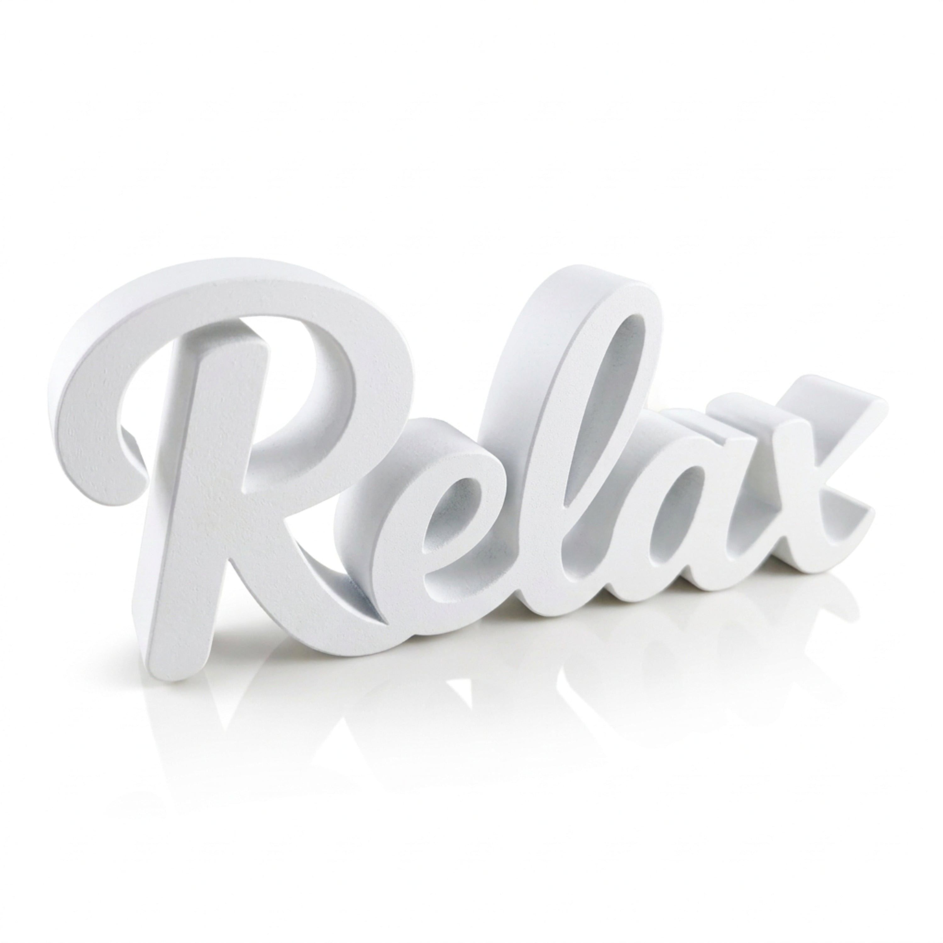 Relax bathroom sign detail – minimalist spa shelf decor, handmade in USA