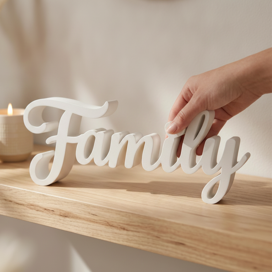 Family Sign, Made in USA, Freestanding Word Sign for Shelf, Mantle, or Tiered Tray, Farmhouse Home Decor, Black or White, Large or Small