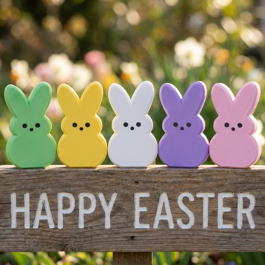 Peeps Easter bunny shelf sitters on Happy Easter sign – spring tiered tray decor, made in USA