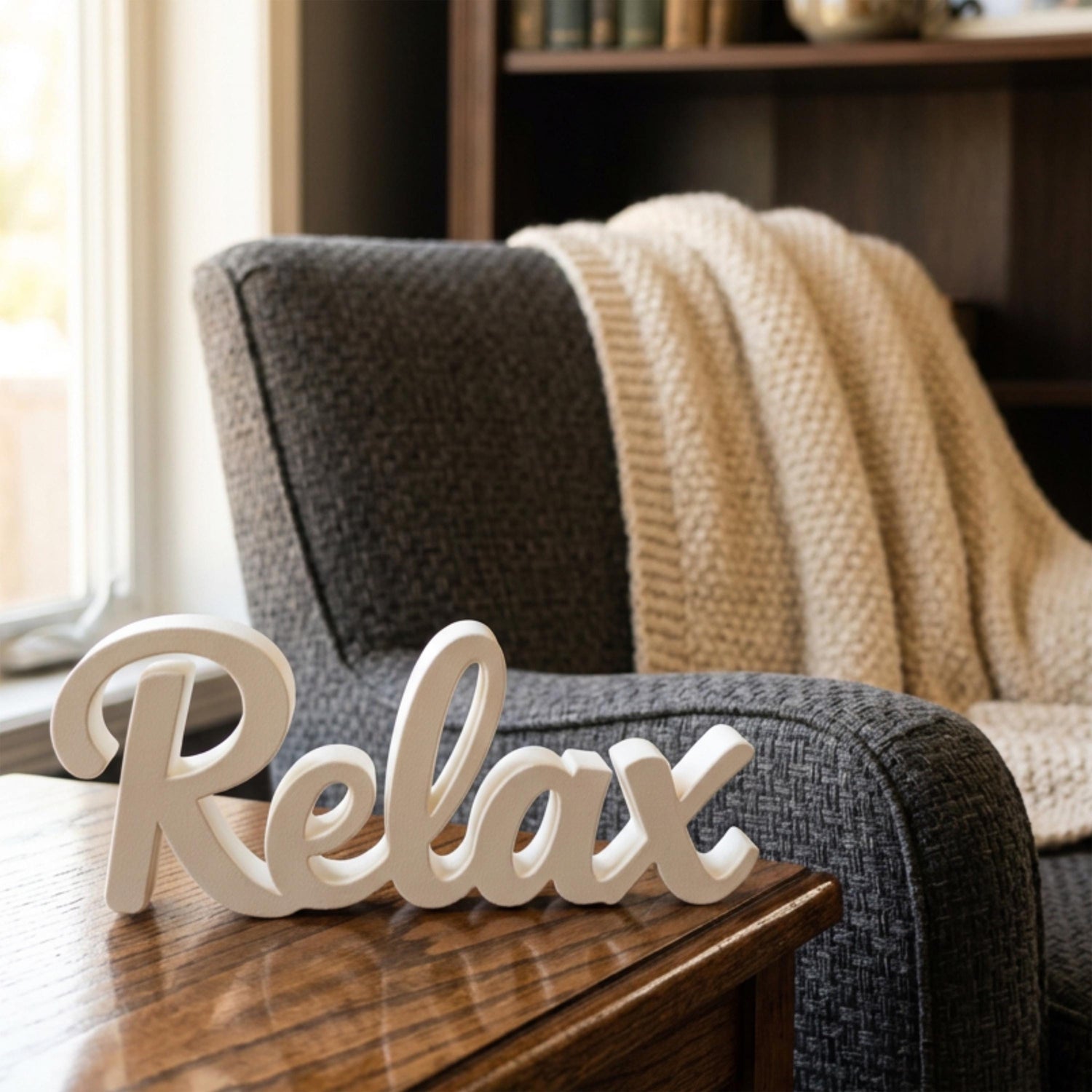 Relax sign on wooden table with cozy armchair in background – home spa decor, made in USA