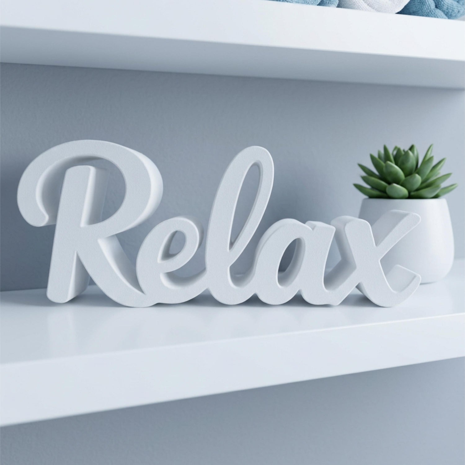 Relax sign on bathroom shelf with small succulent – spa home decor, made in USA