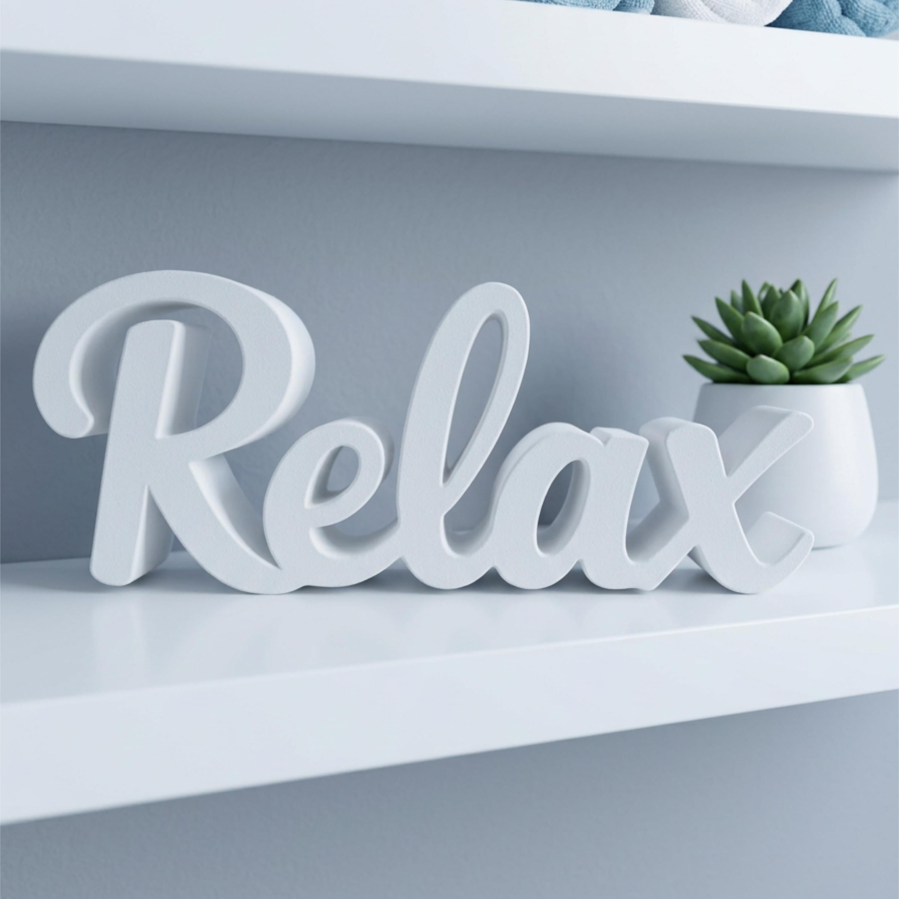 Relax sign on bathroom shelf with small succulent – spa home decor, made in USA