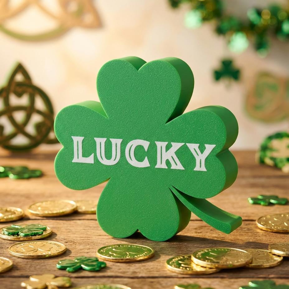 Lucky four leaf clover sign with greenery on wooden surface – St. Patrick&