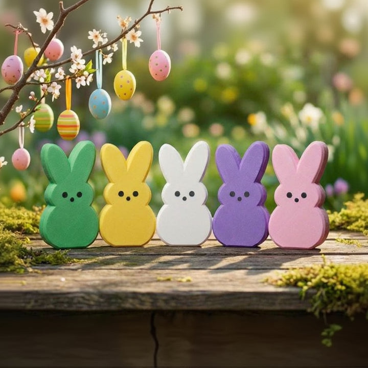 Peeps Easter bunny shelf sitter styled in garden with hanging Easter eggs – tiered tray decor, made in USA