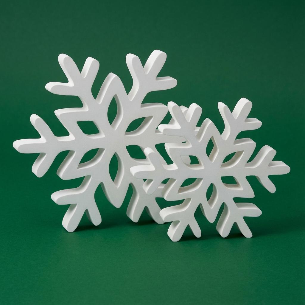 Two white snowflake shelf sitters on green background – Christmas tiered tray decor, made in USA