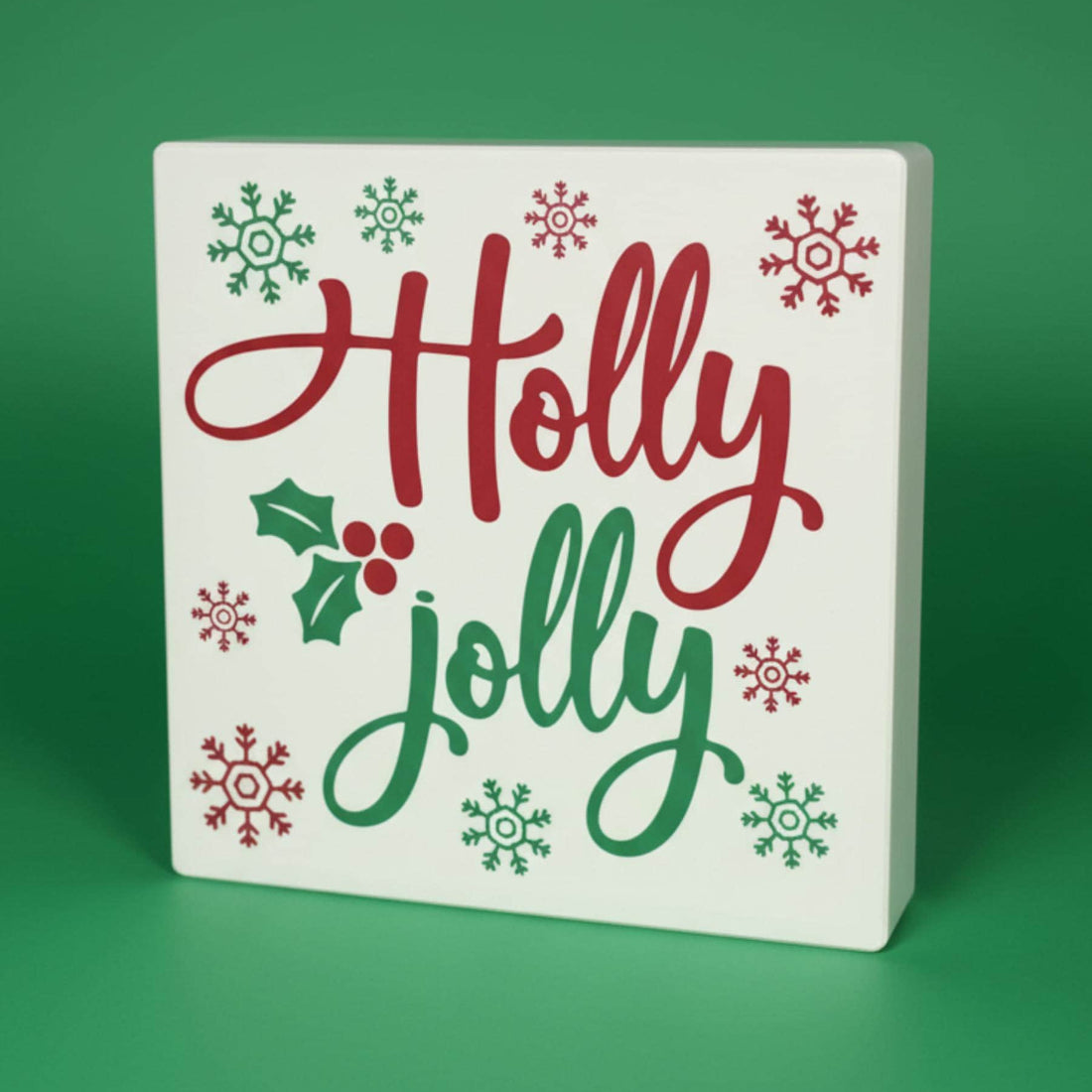Holly Jolly Christmas shelf sign on green background – farmhouse holiday tiered tray decor, made in USA