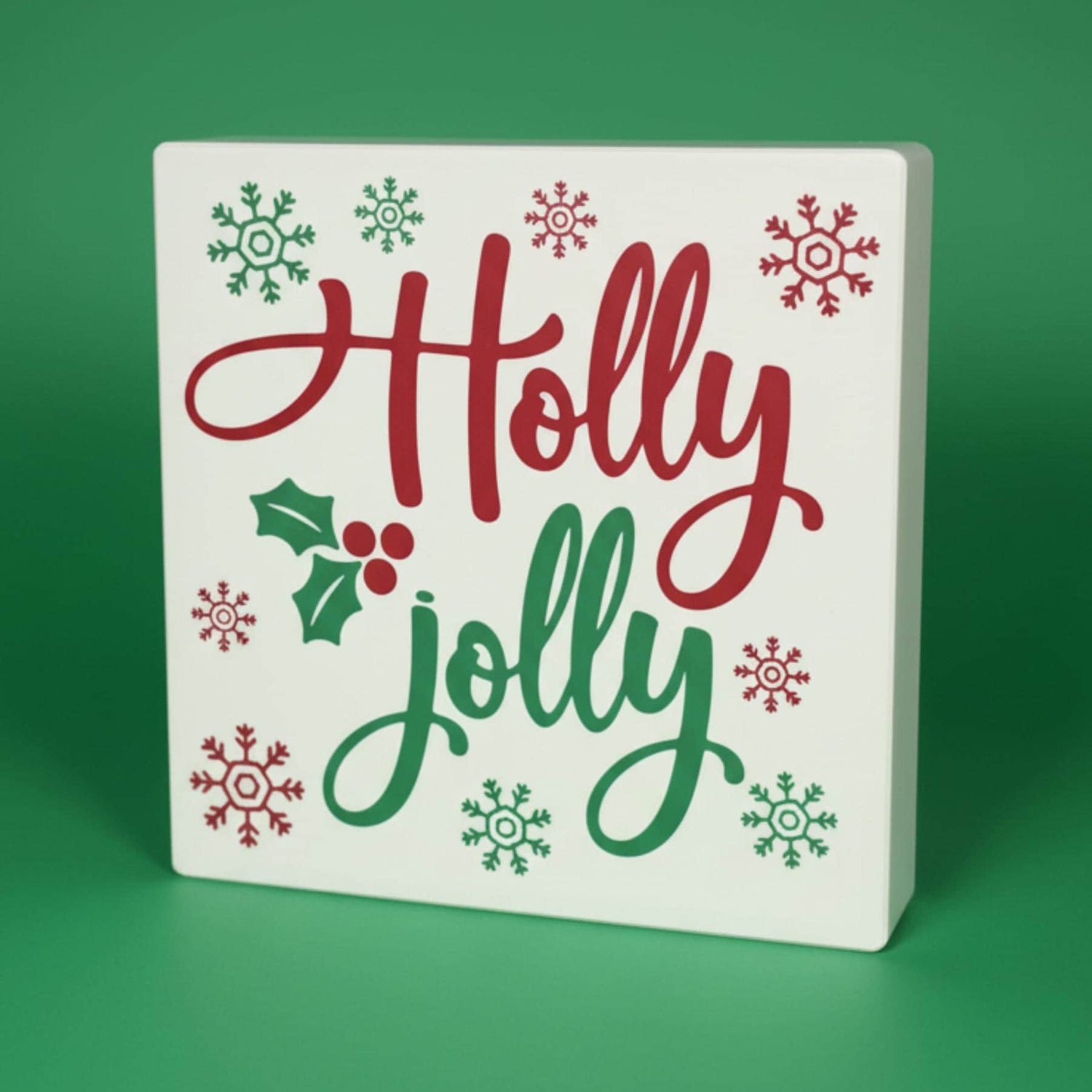 Holly Jolly Christmas shelf sign on green background – farmhouse holiday tiered tray decor, made in USA