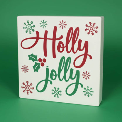 Holly Jolly Christmas shelf sign on green background – farmhouse holiday tiered tray decor, made in USA