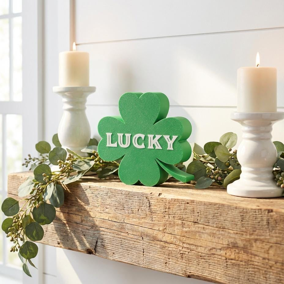 Lucky shamrock sign on mantel with candles – St. Patrick&