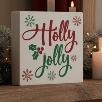 Holly Jolly Christmas sign with candles on wooden shelf – holiday tiered tray decor, made in USA