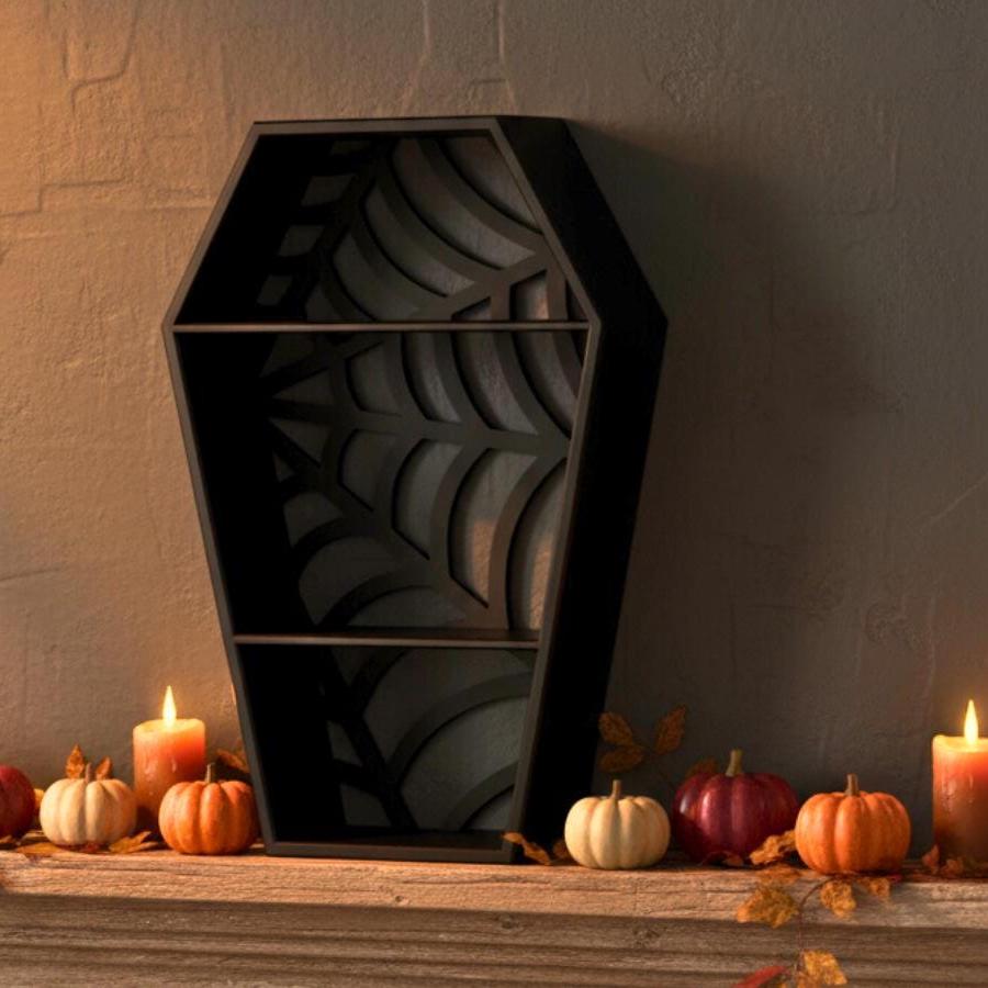 Gothic coffin shelf styled with Halloween decor – spooky home accent, made in USA