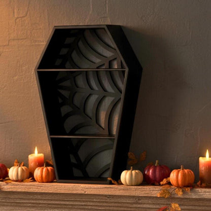 Gothic coffin shelf styled with Halloween decor – spooky home accent, made in USA