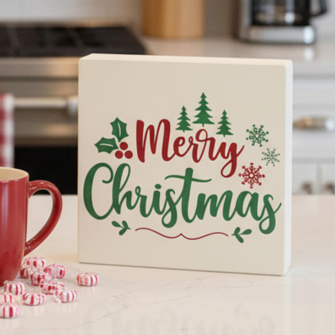 Merry Christmas shelf sign on kitchen counter – elegant holiday home decor by Idle Made USA