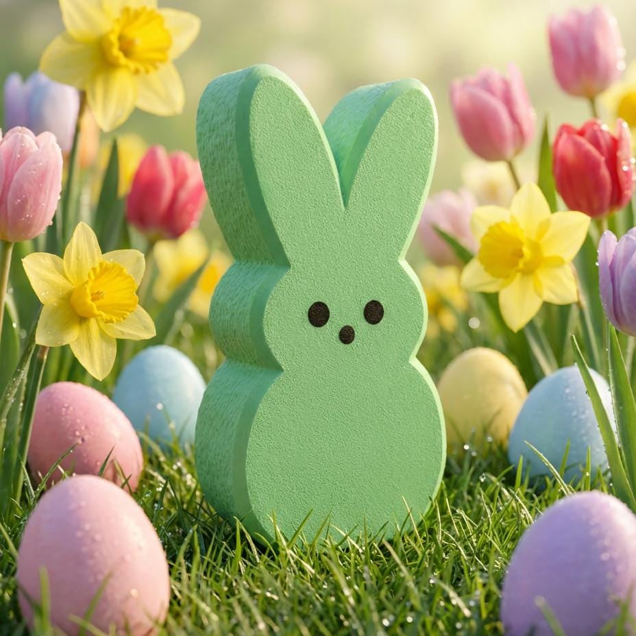 Green Peeps Easter bunny shelf sitter among Easter eggs and spring flowers – made in USA