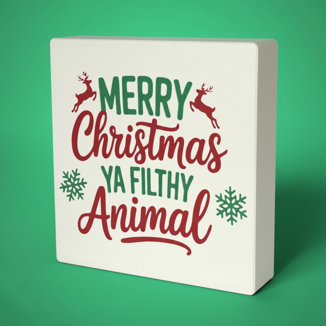 Merry Christmas Ya Filthy Animal shelf sign on green background – Home Alone inspired decor, made in USA