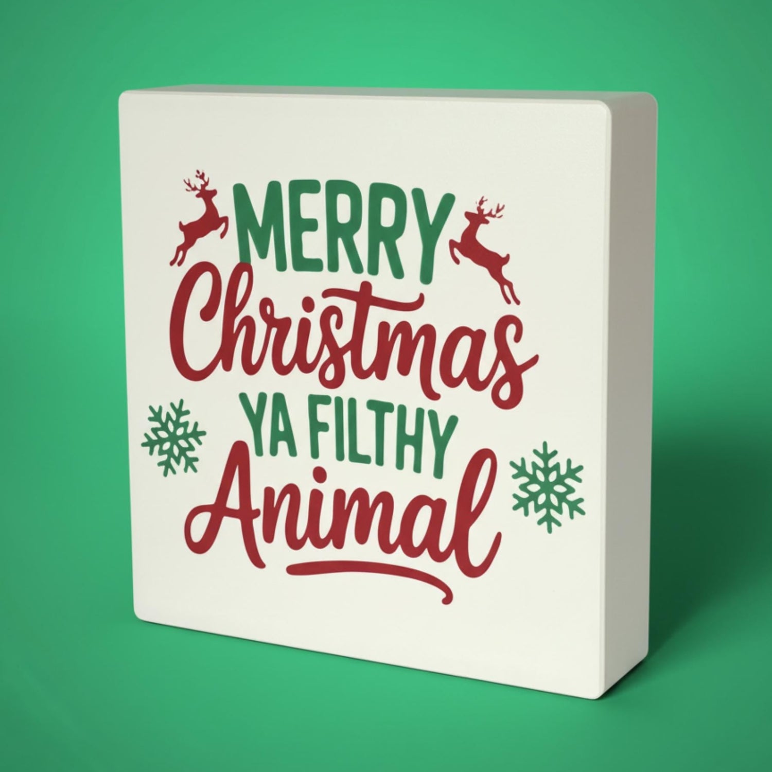 Merry Christmas Ya Filthy Animal shelf sign on green background – Home Alone inspired decor, made in USA