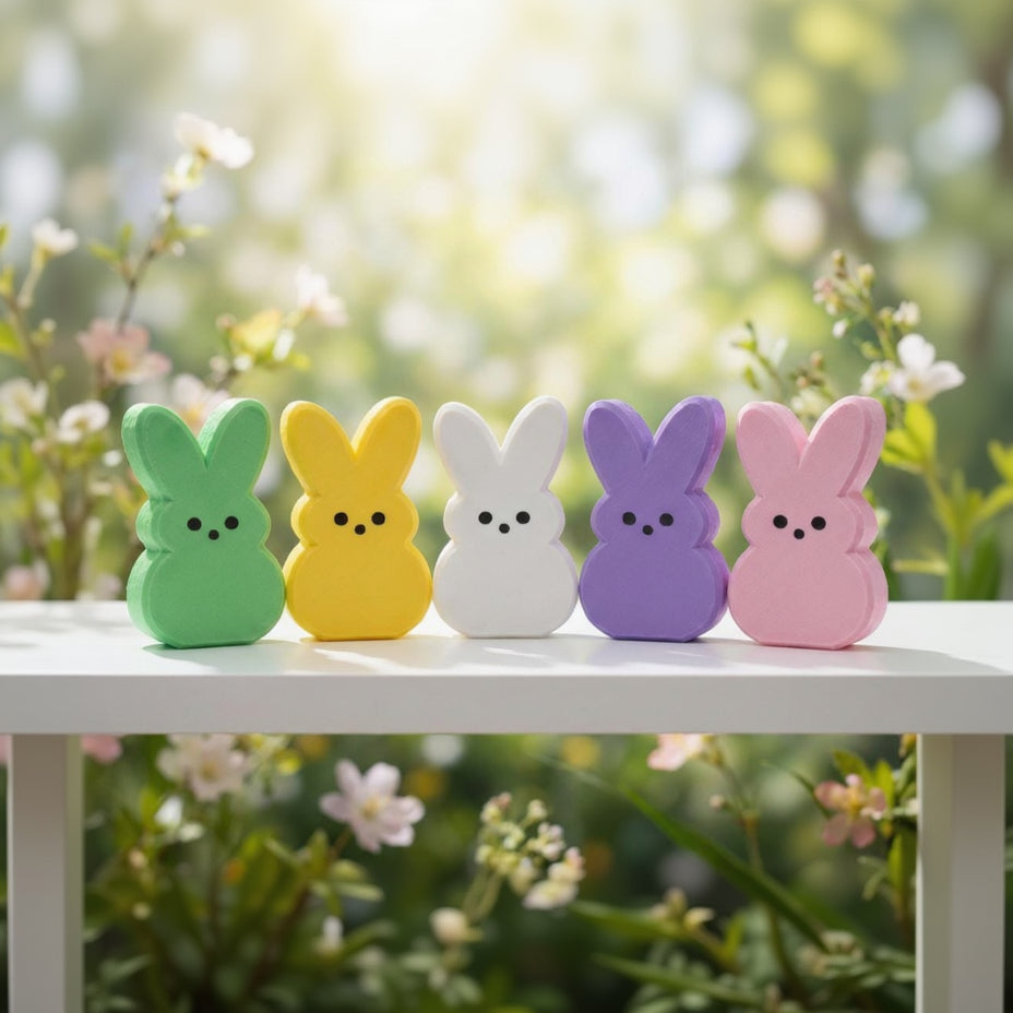 Set of colorful Peeps Easter bunny shelf sitters – spring tiered tray decor, made in USA