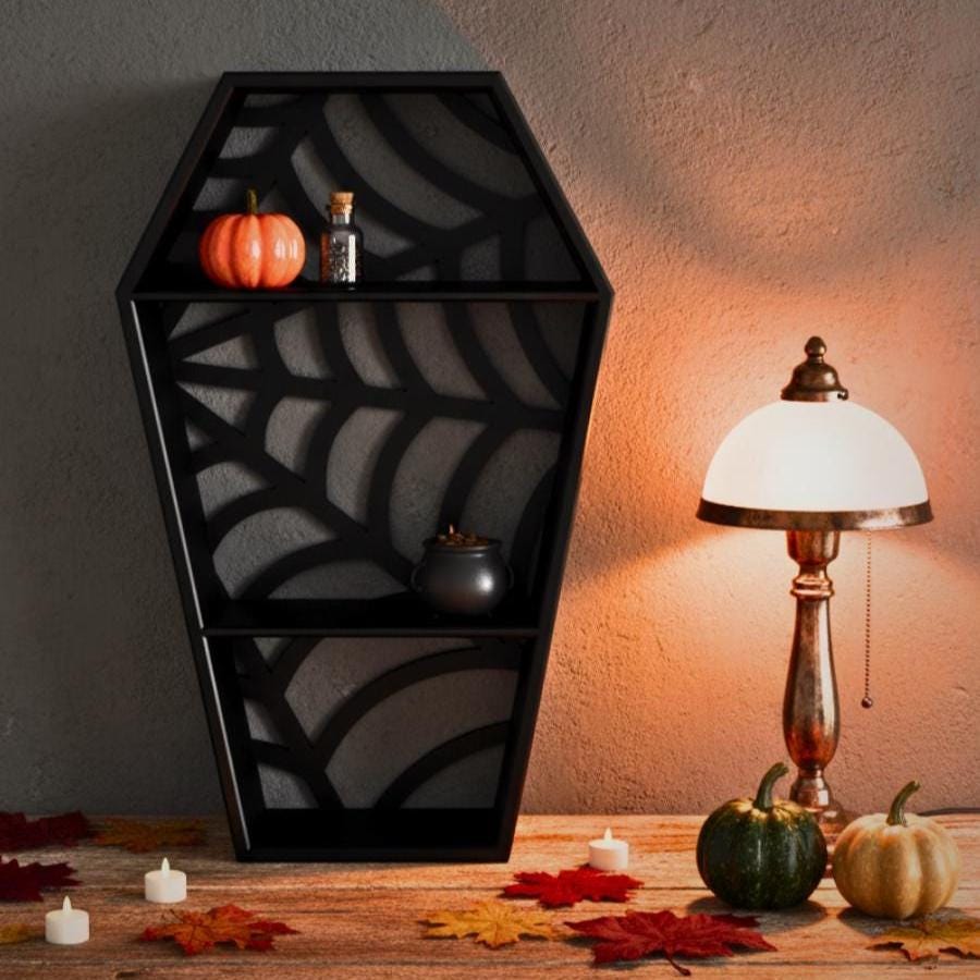 Gothic coffin wall shelf – spooky Halloween home decor and gothic display, made in USA