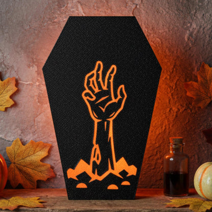Gothic coffin tea light holder with hand design on rustic shelf – Halloween decor, made in USA