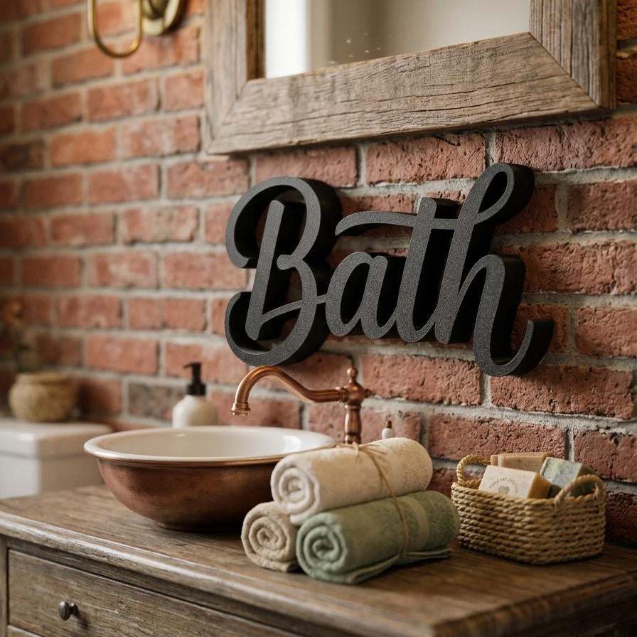 Bath sign on farmhouse bathroom vanity with wooden sink – rustic home decor, made in USA