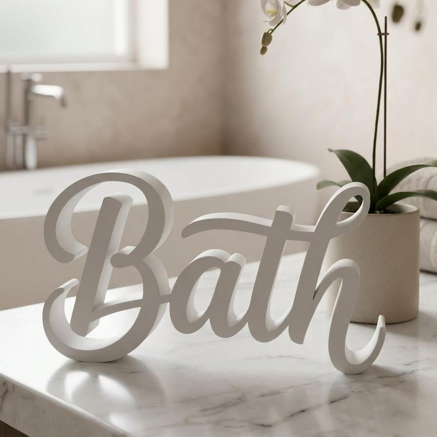 Bath sign on marble countertop with potted orchid – elegant bathroom shelf decor, made in USA