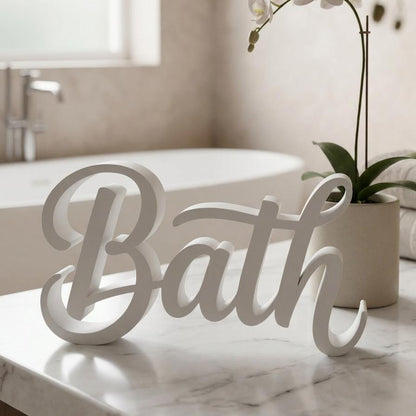 Bath sign on marble countertop with potted orchid – elegant bathroom shelf decor, made in USA