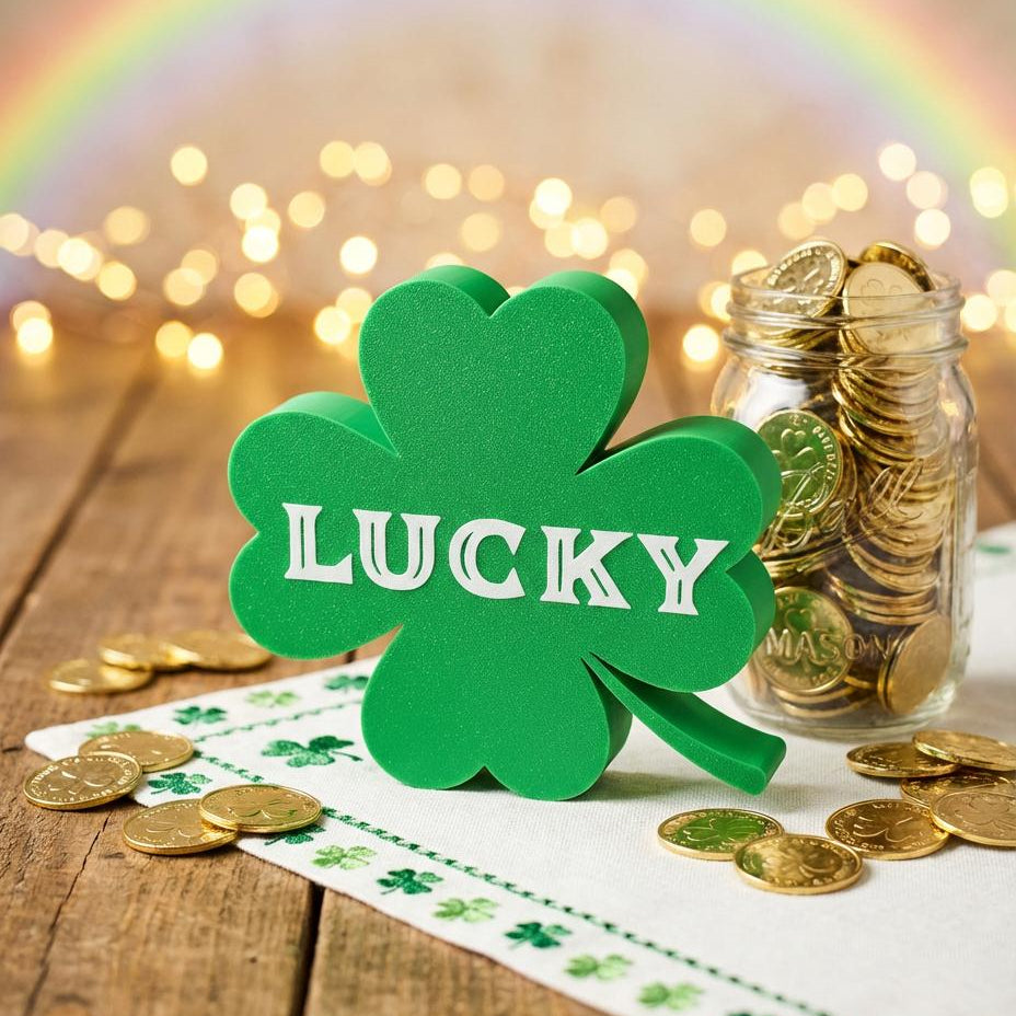 Four leaf clover Lucky sign with jar of gold coins and rainbow – St. Patrick&