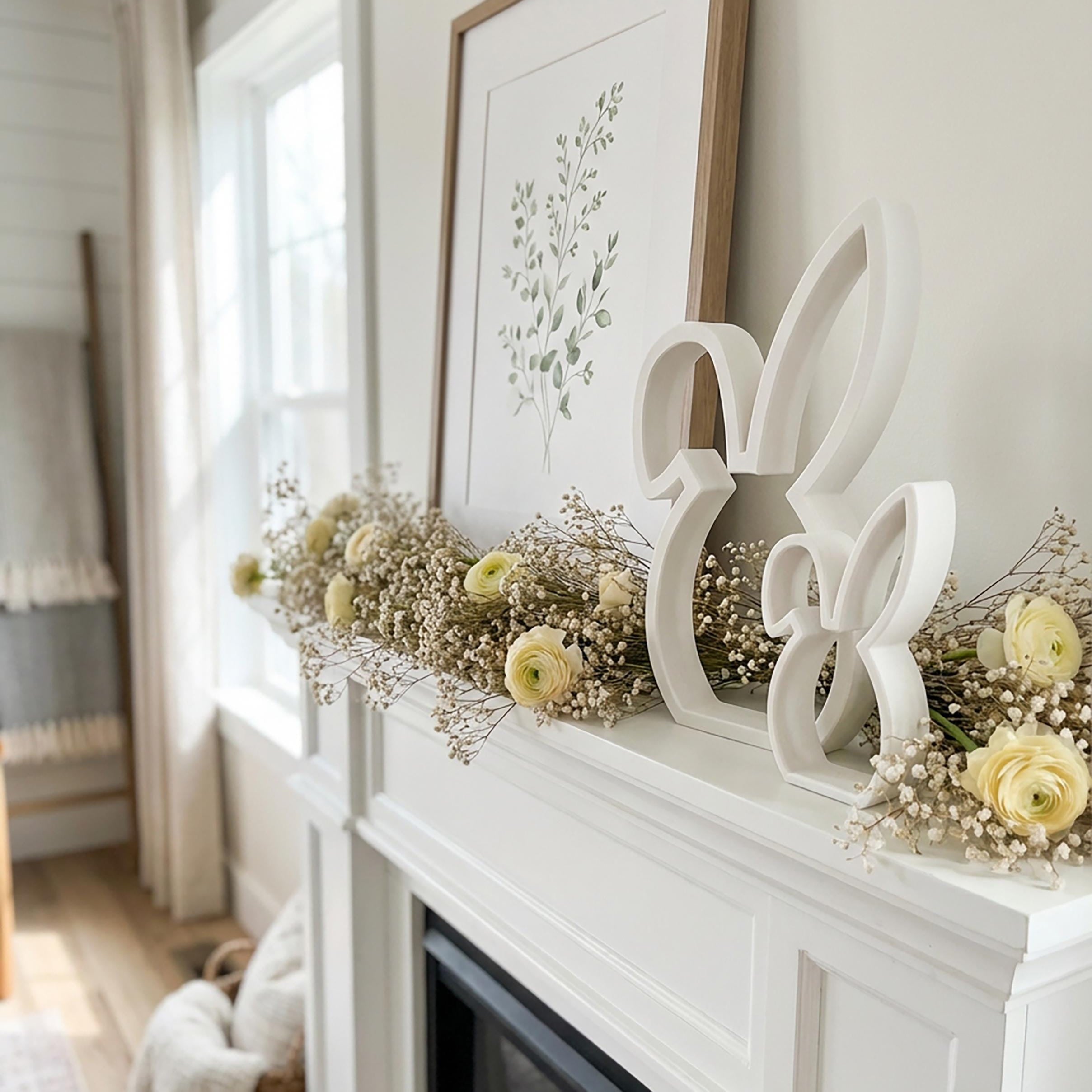 Floppy ear Easter bunny shelf sitter styled on a home mantel – spring decor, made in USA