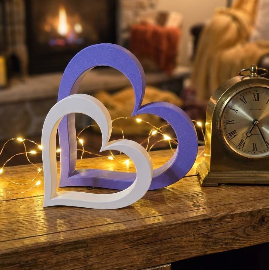 Heart shelf sitters in purple and white styled on fireplace mantel – Valentine&