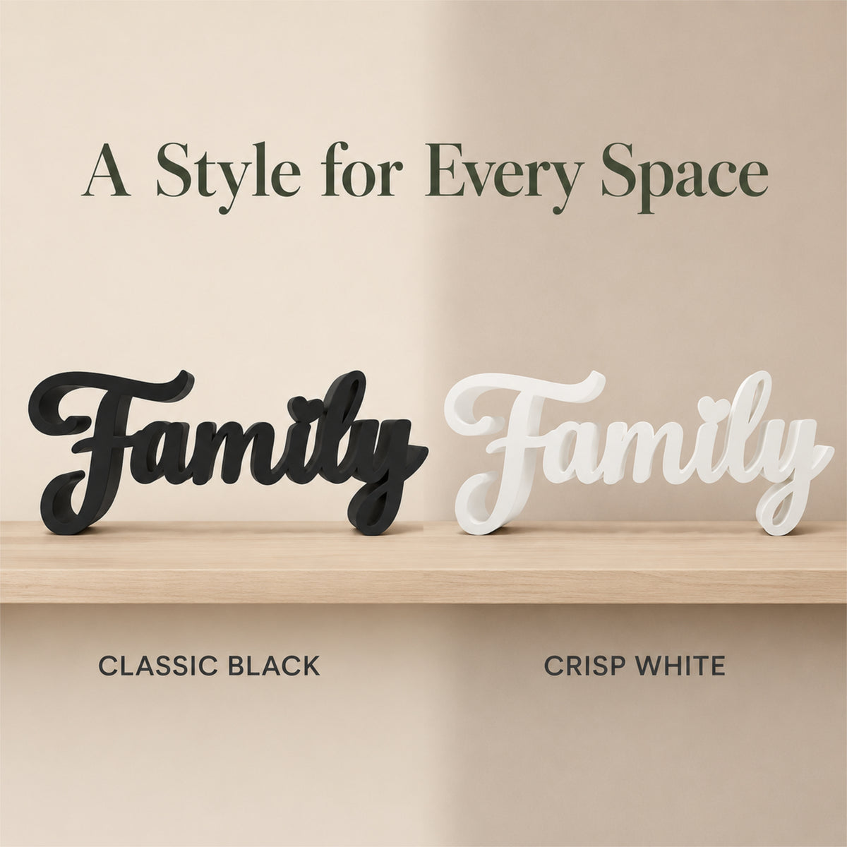 Family Sign, Made in USA, Freestanding Word Sign for Shelf, Mantle, or Tiered Tray, Farmhouse Home Decor, Black or White, Large or Small