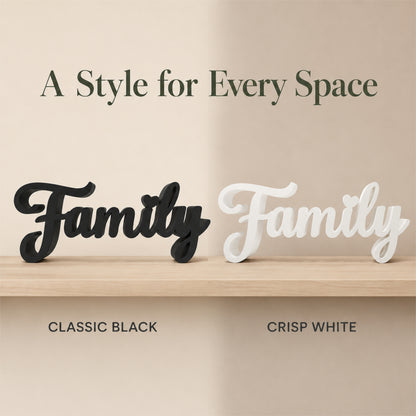 Family Sign, Made in USA, Freestanding Word Sign for Shelf, Mantle, or Tiered Tray, Farmhouse Home Decor, Black or White, Large or Small