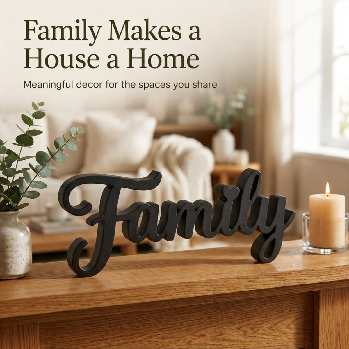 Family Sign, Made in USA, Freestanding Word Sign for Shelf, Mantle, or Tiered Tray, Farmhouse Home Decor, Black or White, Large or Small