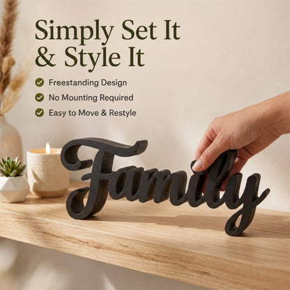 Family Sign, Made in USA, Freestanding Word Sign for Shelf, Mantle, or Tiered Tray, Farmhouse Home Decor, Black or White, Large or Small