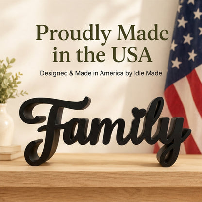 Family Sign, Made in USA, Freestanding Word Sign for Shelf, Mantle, or Tiered Tray, Farmhouse Home Decor, Black or White, Large or Small