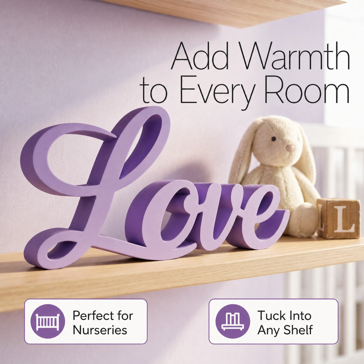 Love Sign, Made in USA, Freestanding Love Wall Art for Shelf, Mantle, Tiered Tray, Word Decor for Bedroom, Nursery, Wedding, Black White Purple Pink Red